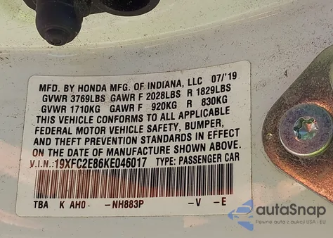 2019 Honda Civic Sport из США, поврежденный, VIN 19XFC2E86KE046017